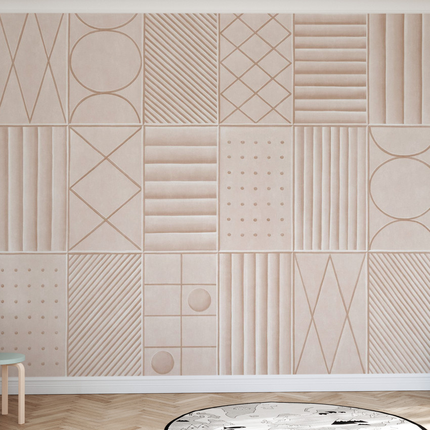 Wallpaper cu forme geometrice simple, in nuante de verde mentă, aplicat pe un perete din bucatarie