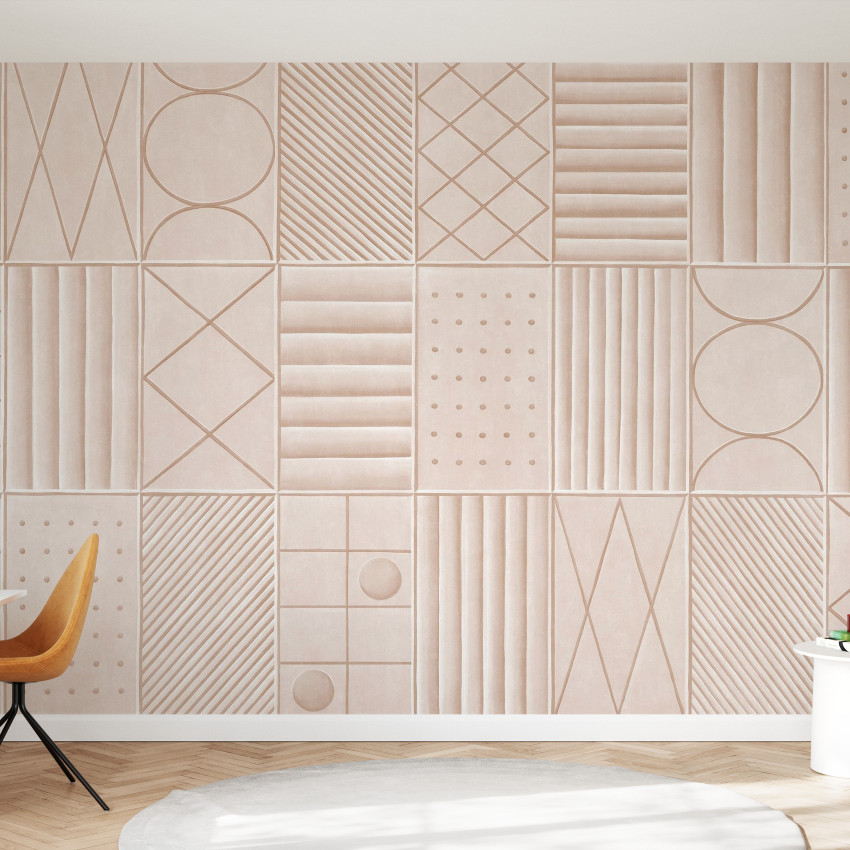 Wallpaper cu forme geometrice simple, in nuante de verde mentă, aplicat pe un perete din bucatarie