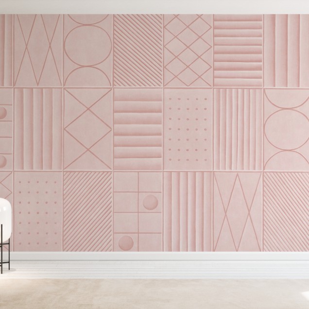 Tapet geometric roz pal Morning Dew Pink cu design abstract, linii delicate și forme geometrice simple, ideal pentru dormitor, living sau birou.