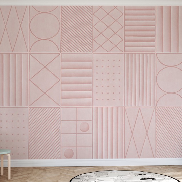 Tapet geometric roz pal Morning Dew Pink cu design abstract, linii delicate și forme geometrice simple, ideal pentru dormitor, living sau birou.