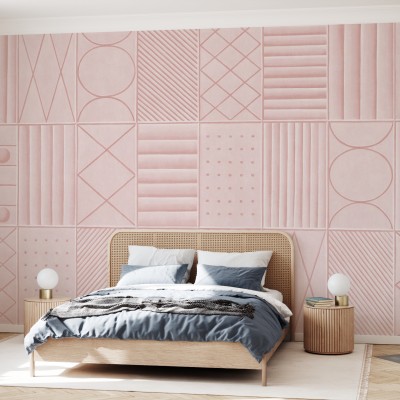 Tapet geometric roz pal Morning Dew Pink cu design abstract, linii delicate și forme geometrice simple, ideal pentru dormitor, living sau birou.