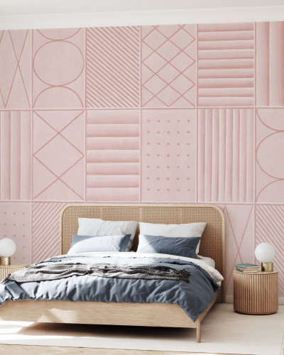 Tapet geometric roz pal Morning Dew Pink cu design abstract, linii delicate și forme geometrice simple, ideal pentru dormitor, living sau birou.