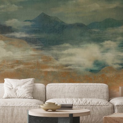 Tapet cu design minimalist, Elevation Landscape, Ochra. Imaginea prezintă un tapet cu un peisaj montan, cu nuanțe de verde și ocru, perfect pentru a crea o atmosferă relaxantă și modernă.