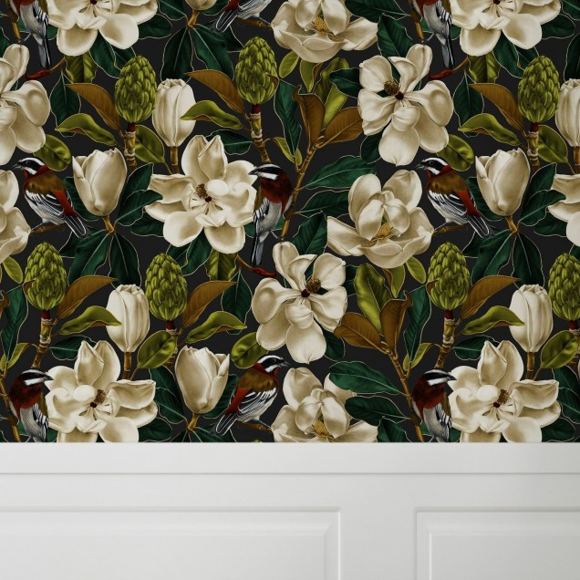 Tapet cu flori Magnolia Antracite cu flori albe de magnolie pe fundal antracit