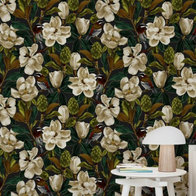 Tapet cu flori Magnolia Antracite cu flori albe de magnolie pe fundal antracit