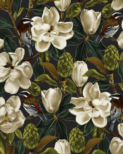 Tapet cu flori Magnolia Antracite cu flori albe de magnolie pe fundal antracit