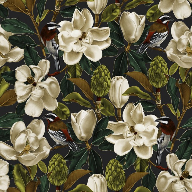 Tapet cu flori Magnolia Antracite cu flori albe de magnolie pe fundal antracit
