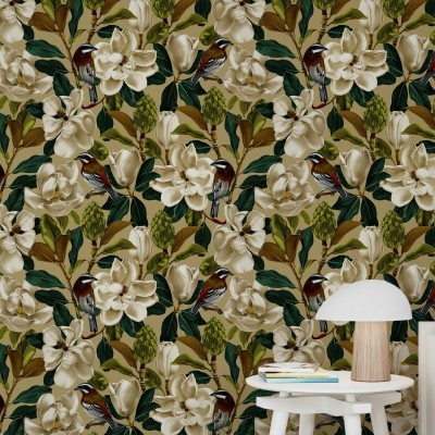 Tapet cu flori de magnolie albe și păsări colorate pe un fundal verde