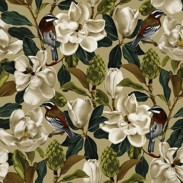 Tapet cu flori de magnolie albe și păsări colorate pe un fundal verde