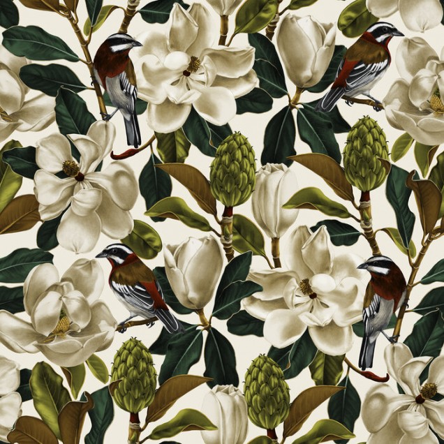 Tapet floral Magnolia Snow cu flori albe de magnolie, frunze verzi și pasări colorate