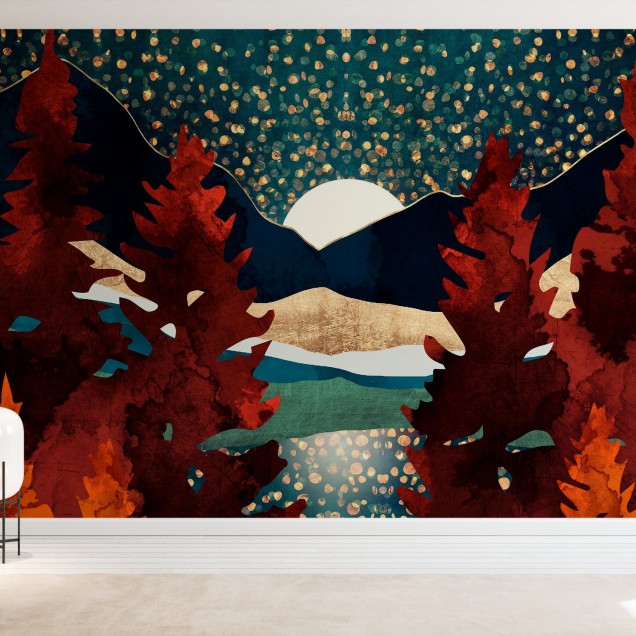 Tapet cu designul "Star Sky Reflection" care prezintă o imagine cu munți, pădure și cerul nopții înstelat