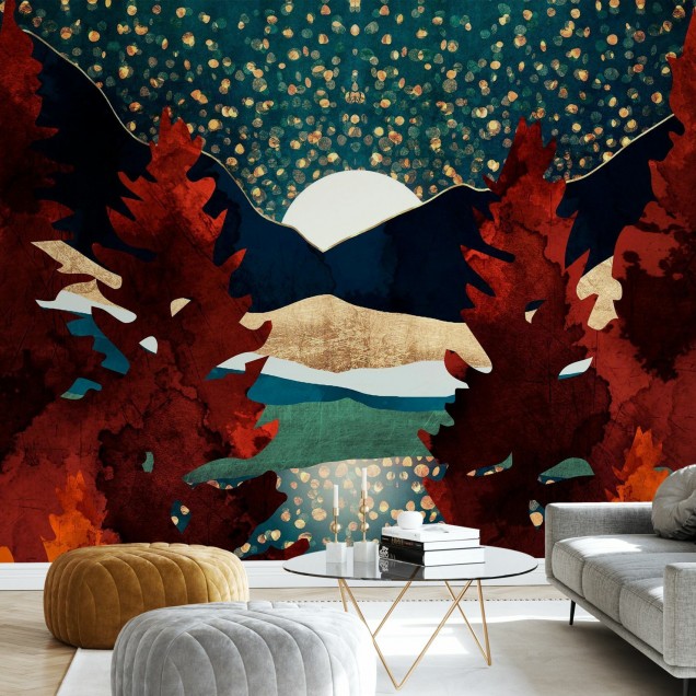 Tapet cu designul "Star Sky Reflection" care prezintă o imagine cu munți, pădure și cerul nopții înstelat