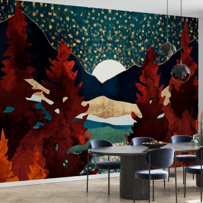 Tapet cu designul "Star Sky Reflection" care prezintă o imagine cu munți, pădure și cerul nopții înstelat