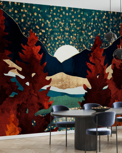 Tapet cu designul "Star Sky Reflection" care prezintă o imagine cu munți, pădure și cerul nopții înstelat