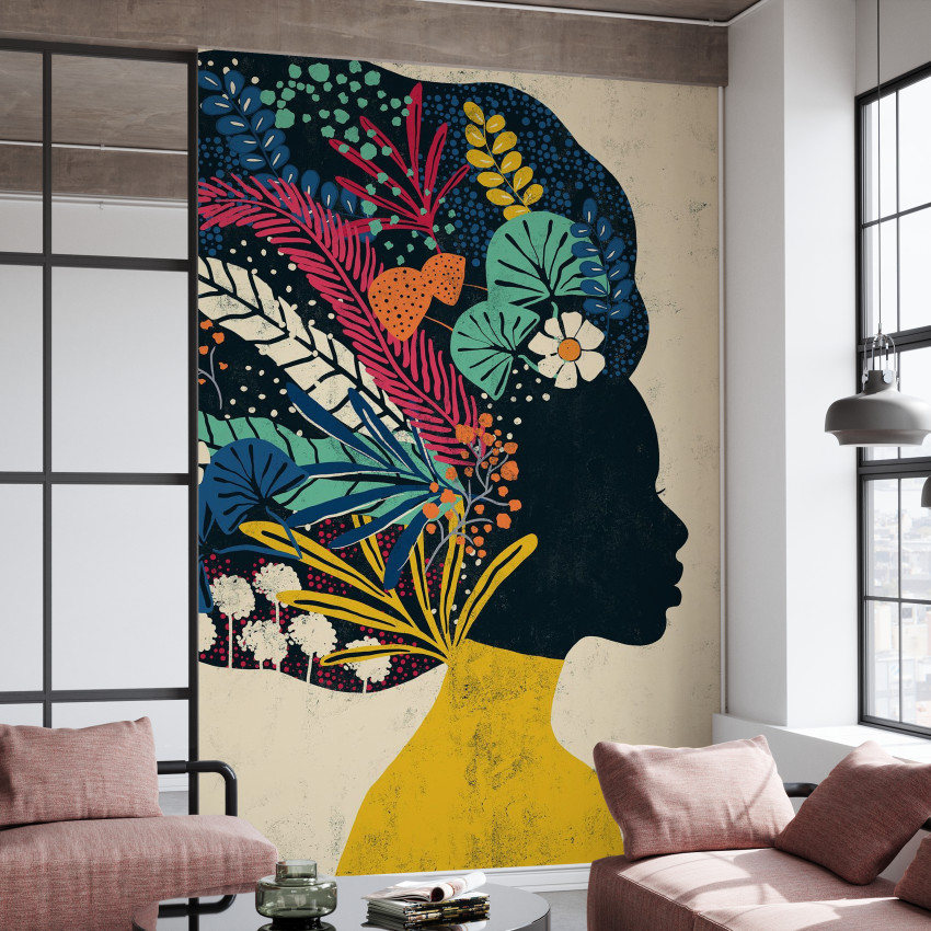 Tapet modern Woman Leaves cu un design abstract, reprezentând o femeie cu părul negru pe un fundal cu frunze verzi, cu un efect de textură vintage.