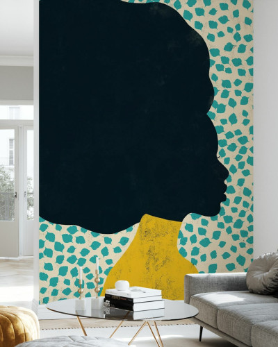 Tapet modern Woman Leaves cu un design abstract, reprezentând o femeie cu părul negru pe un fundal cu frunze verzi, cu un efect de textură vintage.
