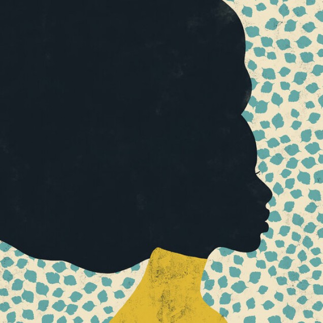 Tapet modern Woman Leaves cu un design abstract, reprezentând o femeie cu părul negru pe un fundal cu frunze verzi, cu un efect de textură vintage.