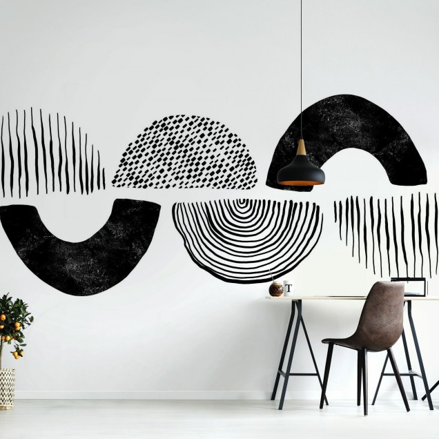 Tapet minimalist cu forme abstracte, perfect pentru o sală de mese cu un aer modern.