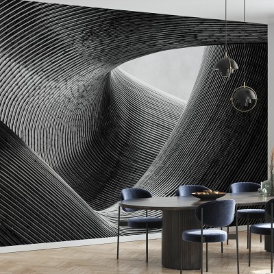 Tapet Lines cu design abstract cu linii curbe în nuanțe de gri.
