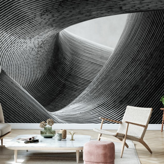 Tapet Lines cu design abstract cu linii curbe în nuanțe de gri.