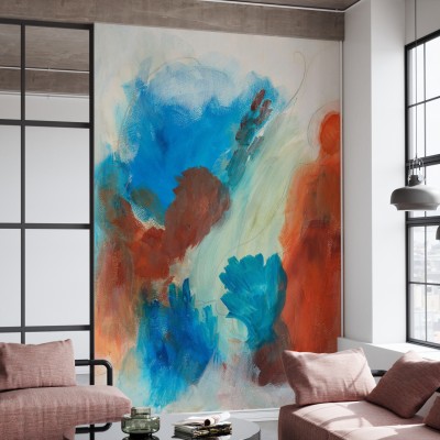 Tapet abstract modern Fire and Water II, cu nuanțe de albastru și portocaliu.