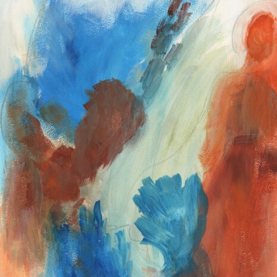 Tapet abstract modern Fire and Water II, cu nuanțe de albastru și portocaliu.