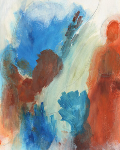 Tapet abstract modern Fire and Water II, cu nuanțe de albastru și portocaliu.
