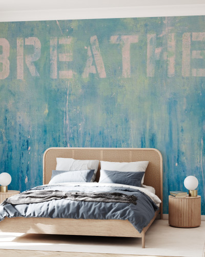 Wallpaper Just Breathe cu un design abstract in nuanțe de albastru, verde și roz pal.