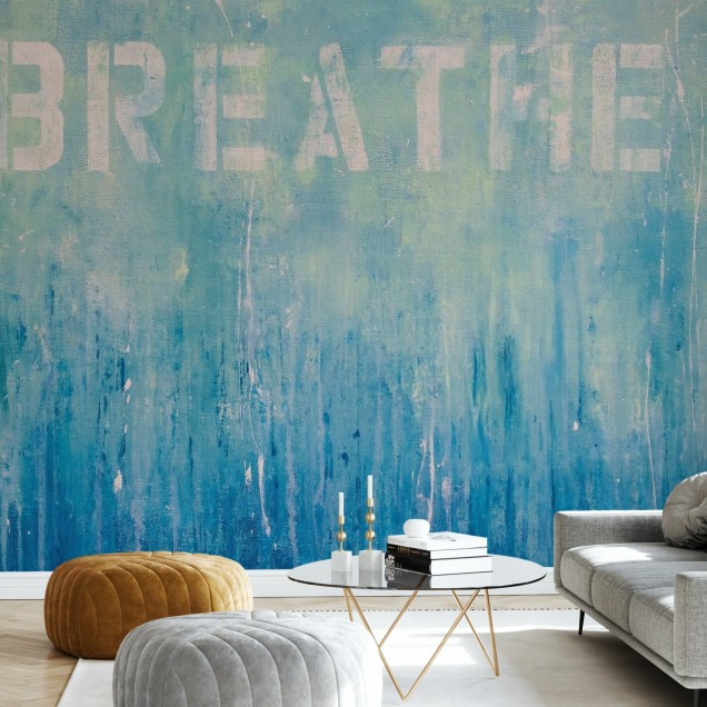 Wallpaper Just Breathe cu un design abstract in nuanțe de albastru, verde și roz pal.