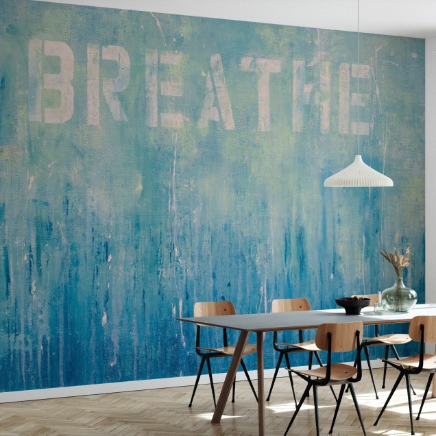 Wallpaper Just Breathe cu un design abstract in nuanțe de albastru, verde și roz pal.