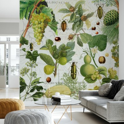 Tapet cu design botanistic vintage, cu plante și insecte, pentru decorarea interiorului