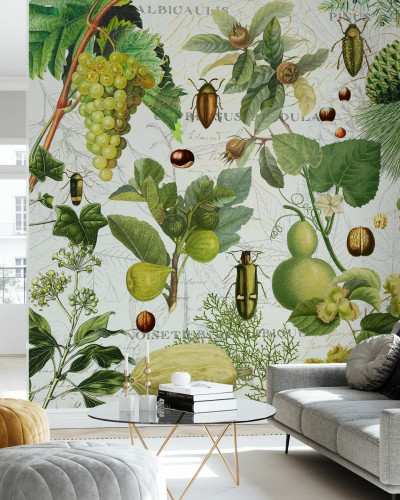 Tapet cu design botanistic vintage, cu plante și insecte, pentru decorarea interiorului