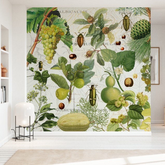 Tapet cu design botanistic vintage, cu plante și insecte, pentru decorarea interiorului