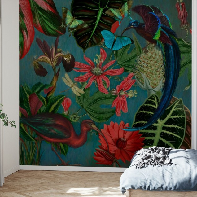 Tapet cu păsări tropicale și flori