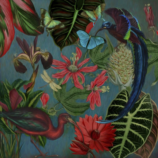 Tapet cu păsări tropicale și flori