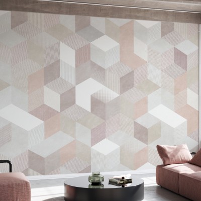 Tapet Casablanca Cubes, Desert, cu un design geometric modern cu cuburi in nuante calde de desert