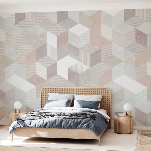 Tapet Casablanca Cubes, Desert, cu un design geometric modern cu cuburi in nuante calde de desert