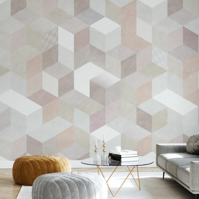 Tapet Casablanca Cubes, Desert, cu un design geometric modern cu cuburi in nuante calde de desert
