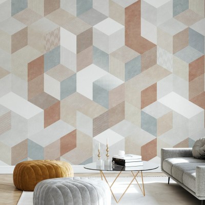 Tapet geometric modern Casablanca Cubes, Root, cu cuburi în nuanțe calde și texturi subtile.