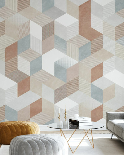 Tapet geometric modern Casablanca Cubes, Root, cu cuburi în nuanțe calde și texturi subtile.