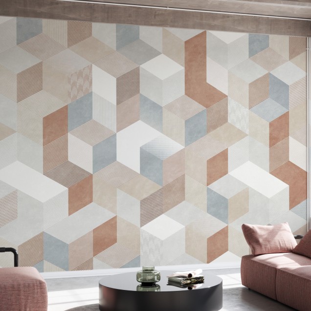 Tapet geometric modern Casablanca Cubes, Root, cu cuburi în nuanțe calde și texturi subtile.