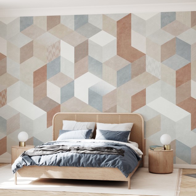 Tapet geometric modern Casablanca Cubes, Root, cu cuburi în nuanțe calde și texturi subtile.
