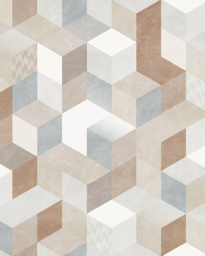 Tapet geometric modern Casablanca Cubes, Root, cu cuburi în nuanțe calde și texturi subtile.