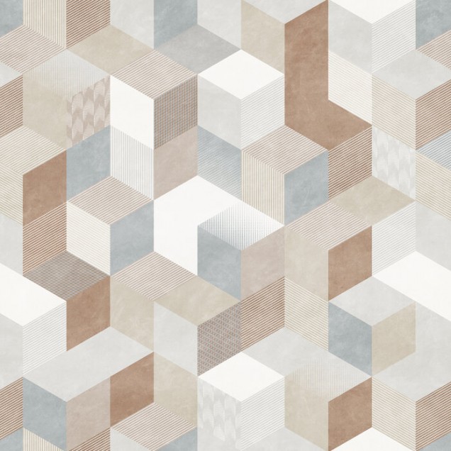 Tapet geometric modern Casablanca Cubes, Root, cu cuburi în nuanțe calde și texturi subtile.
