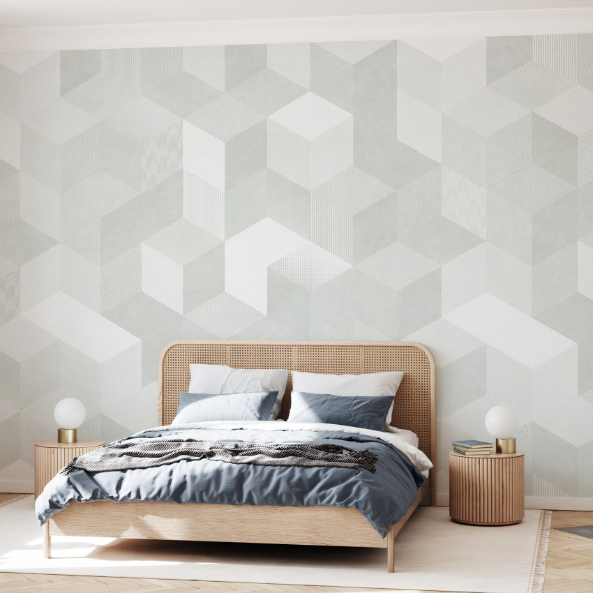 Tapet geometric modern Casablanca Cubes, Root, cu cuburi în nuanțe calde și texturi subtile.