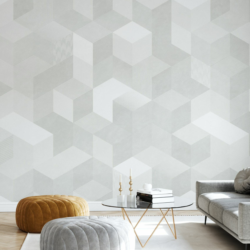 Tapet geometric modern Casablanca Cubes, Root, cu cuburi în nuanțe calde și texturi subtile.