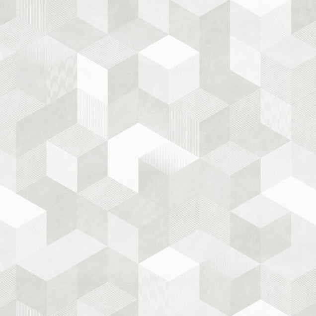 Tapet geometric 3D cu model de cuburi suprapuse in nuante de gri si alb