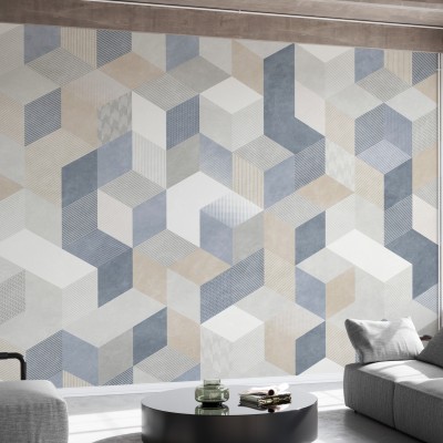 Tapet modern Casablanca Cubes, Sea cu design geometric în nuanțe de albastru, gri și bej.
