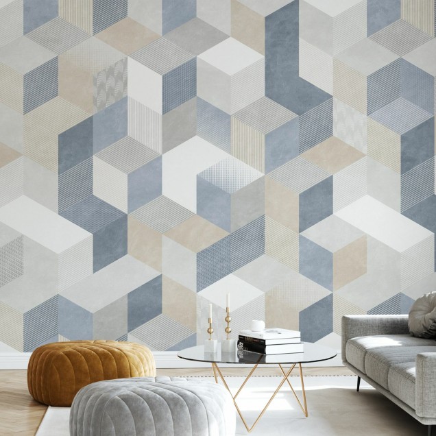 Tapet modern Casablanca Cubes, Sea cu design geometric în nuanțe de albastru, gri și bej.