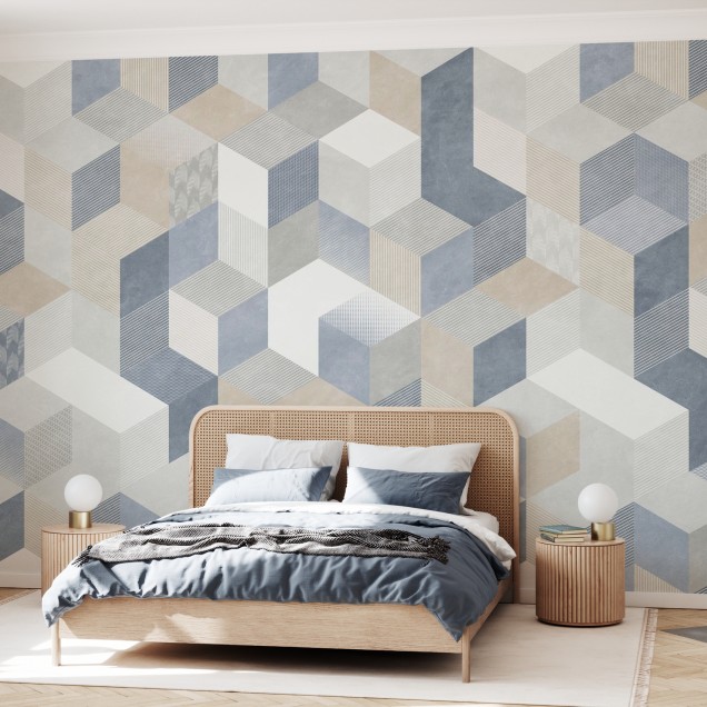 Tapet modern Casablanca Cubes, Sea cu design geometric în nuanțe de albastru, gri și bej.
